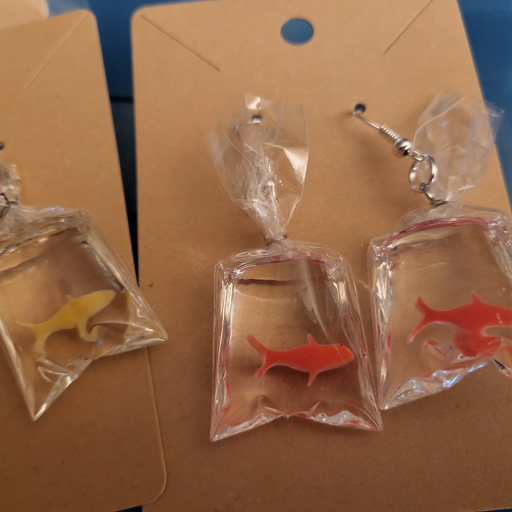 Fish Bag Earrings with Yellow and Red Fish